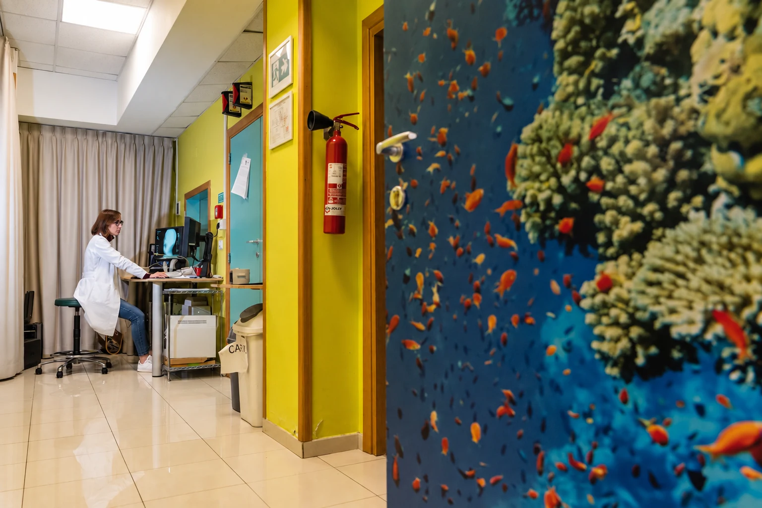 Ambienti dello studio con decorazioni marine e personale al lavoro